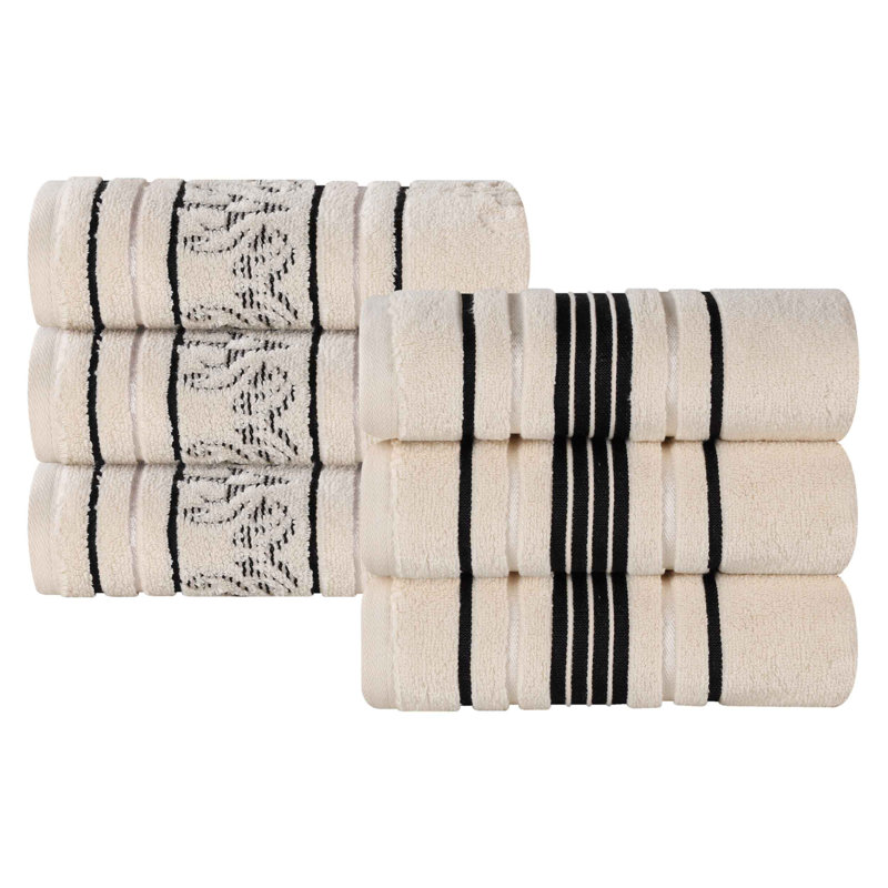 Ensemble de serviettes en coton uni et jacquard Sadie Zero Twist, Ensemble de 6 serviettes à main, À rayures, Ivoire ivoire