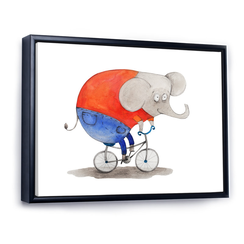 Adorable éléphant sur un vélo I - reproduction sur toile flottante, H 16 po x l 32 po x P 1 po, Cadre flottant noir