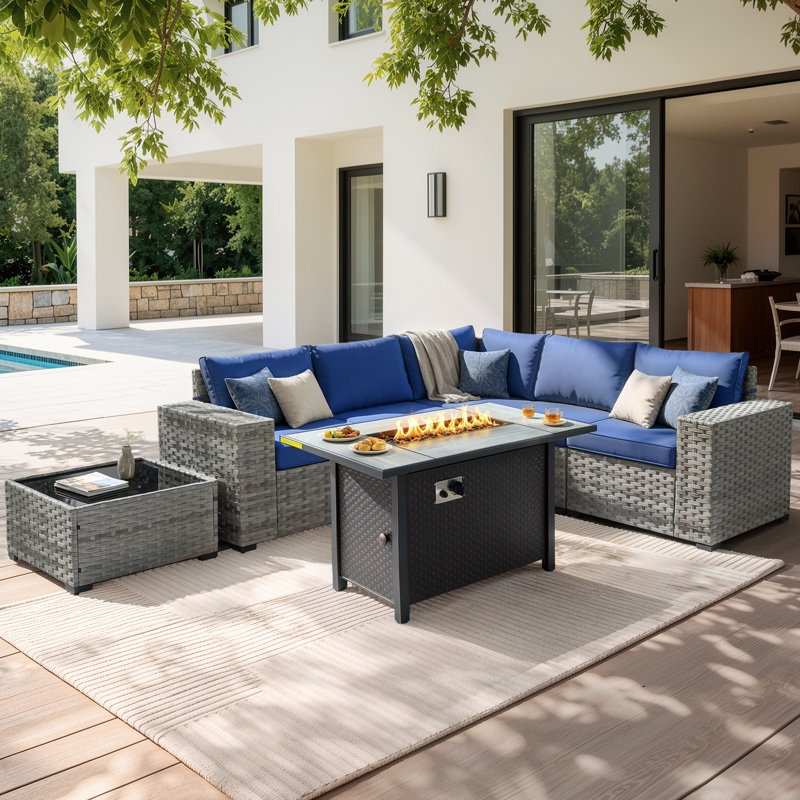 Bobia 5 - Person Modular Patio Conversation Set with Cushions, Navy Blue