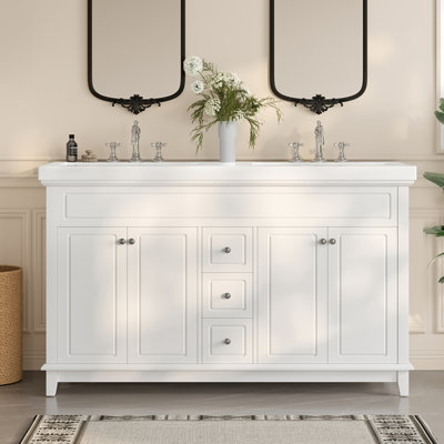 Meuble-lavabo 60 po avec lavabo double en résine, 3 tiroirs et 4 portes (2 avec tablettes à double couche), pieds en bois massif, fermeture en douceur