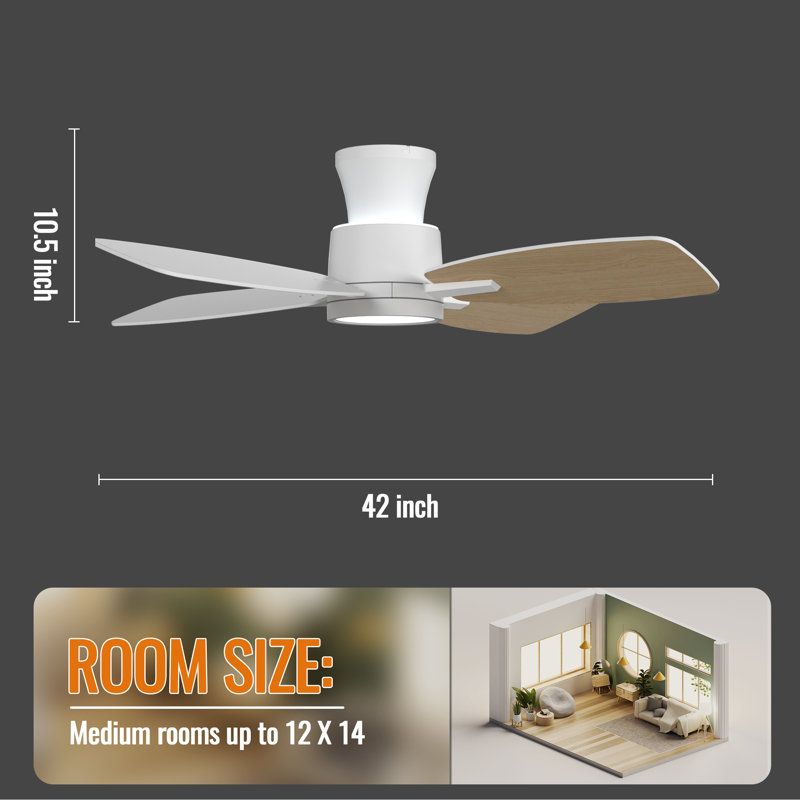 42 Inch Ceiling Fan With Light With Remote Control, White with Beige Wood Blades