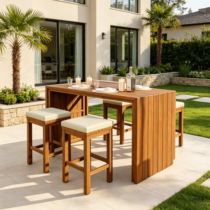 Ensemble de bar d'extérieur 5 pièces en bois d'acacia avec tabourets rembourrés