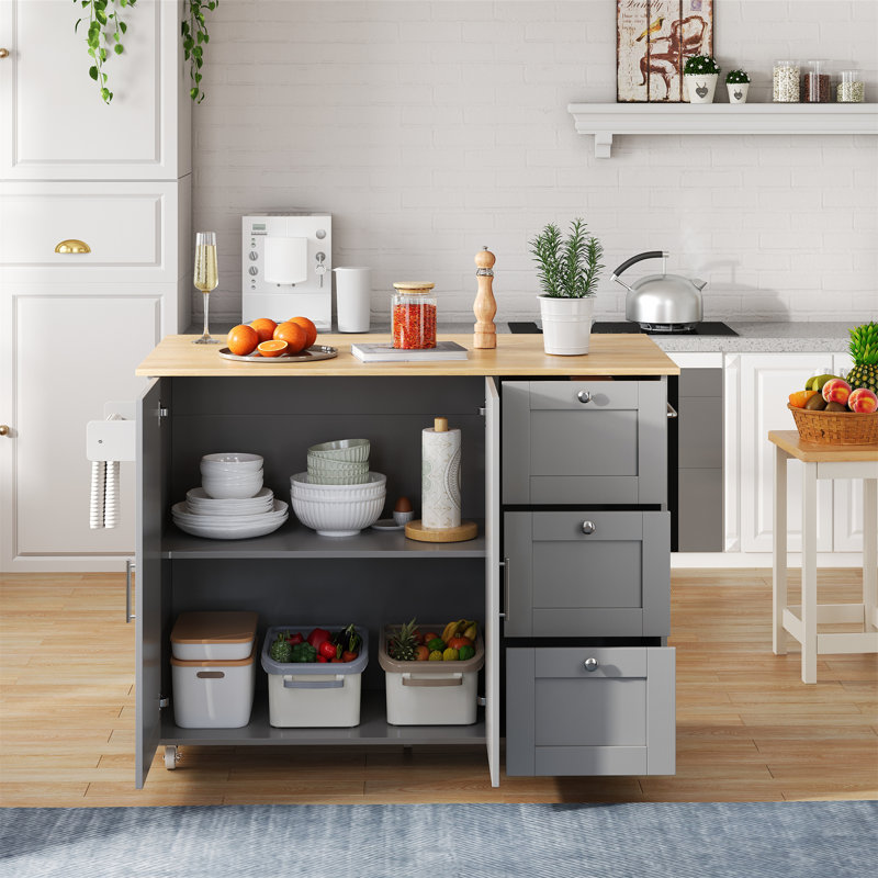 Buendia Kitchen Trolley with 3 Drawers and Storage Cupboards, Foldable Worktop, in Grey