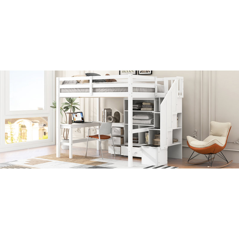 Lit mezzanine double blanc avec escalier de rangement, bureau en L, tiroirs et armoire - Escalier de conception pure