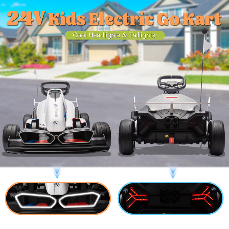24v 7.5 Mph Electric Go Kart With Adjustable Seat, Drifting Car Battery Powered Ride On Toy, White