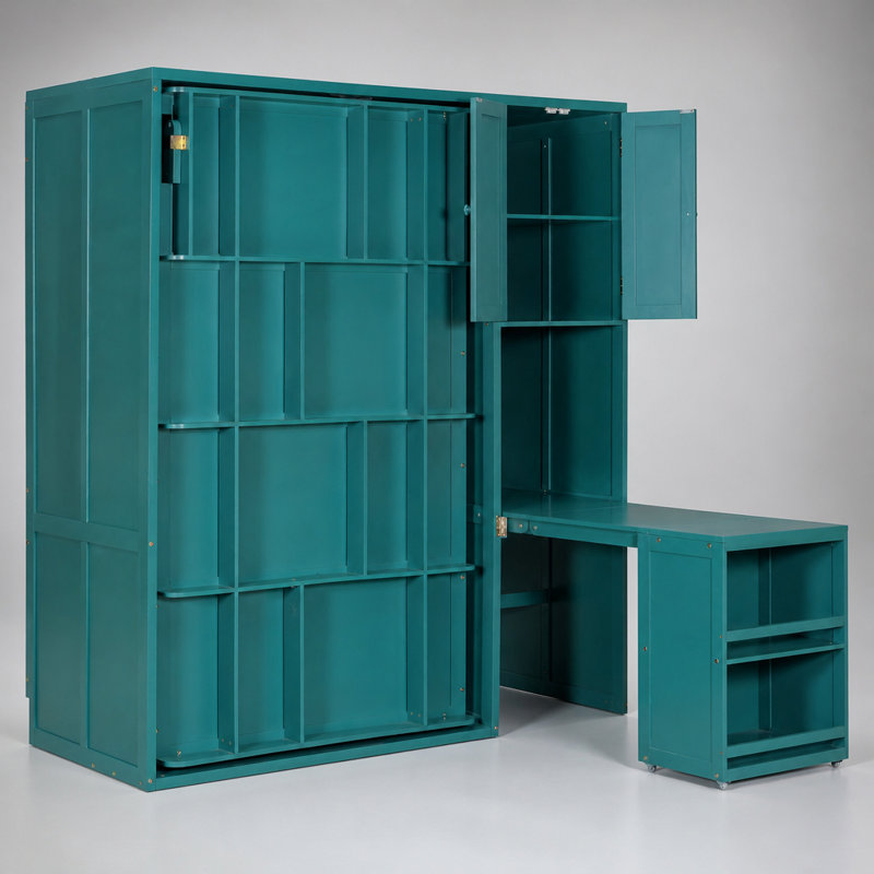 Twin Rotating Wall Murphy Bed with Bookshelf, Top Cabinet, Extendable Desk and Side Storage, Teal