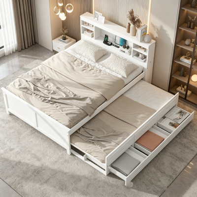 Lit plateforme, cadre de lit multifonctionnel avec tiroirs de rangement, lit gigogne et bibliothèque intégrée, cadre de lit en bois avec station de charge, lit en bois massif, lit plateforme en bois pour chambre d'enfant, simple et double