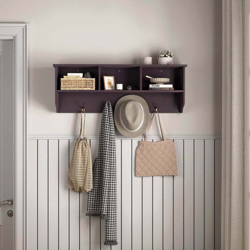 Entryway Wall Mounted Coat Rack With 4 Dual Hooks Living Room Wooden Storage Shelf, Black