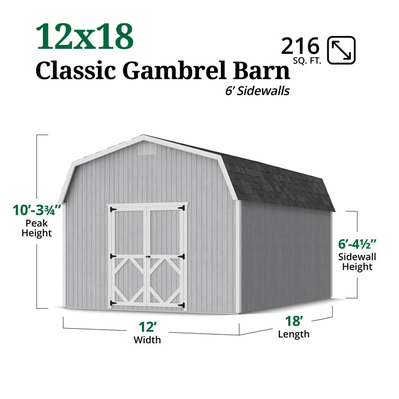 Classic Gambrel Outdoor Wood Storage Barn with 6 ft. Sidewalls, 12' W x 18' L, Yes