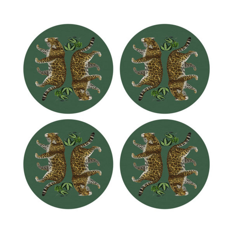 Leopard Seeing Double Vegan Leather Round Coasters, Evergreen