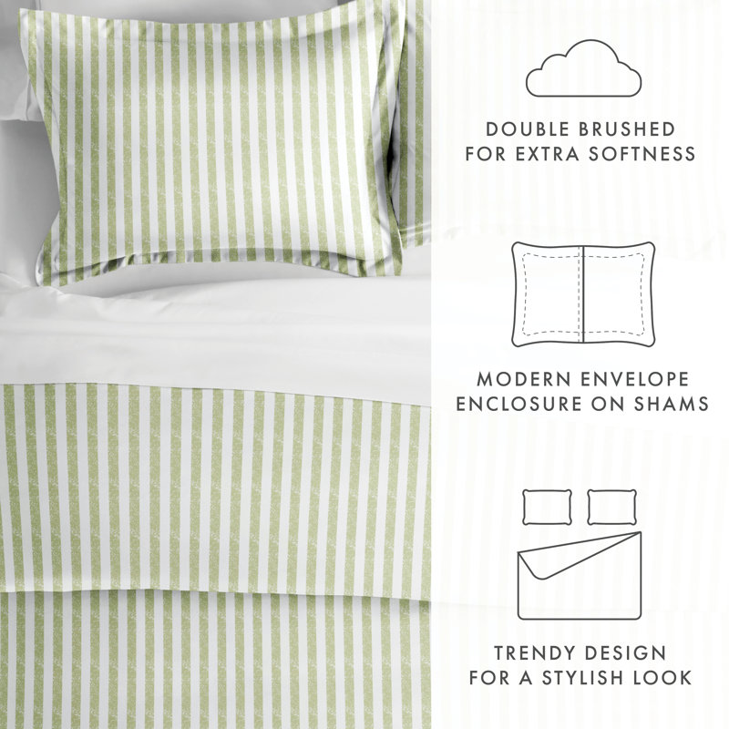 Sage and White Striped Queen Microfiber Duvet Cover Set