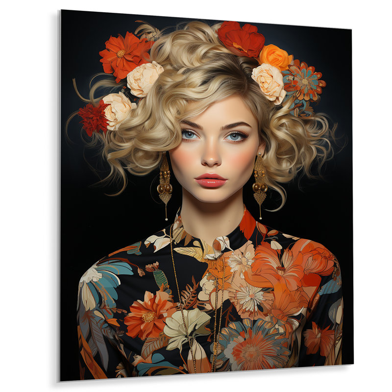 Portrait de femme rétro floral I - art mural Pop Art, H 40 po x l 30 po x P 1,5 po