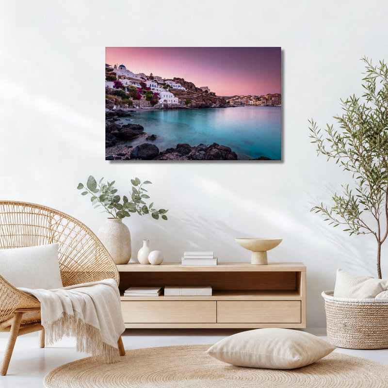 Tableau sur toile représentant des bâtiments blancs et un dôme bleu au coucher du soleil rose, H 16 po x l 24 po