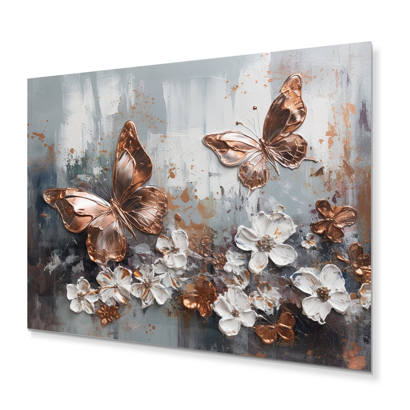 Ailes et fleurs de papillon en or rose III - impression sans cadre sur métal, H 12 po x l 20 po x P 1 po
