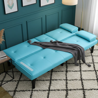 67'' W Convertible Sleeper Sofa - Blue Faux Leather - Built-in Cup Holder - Multi-Functional