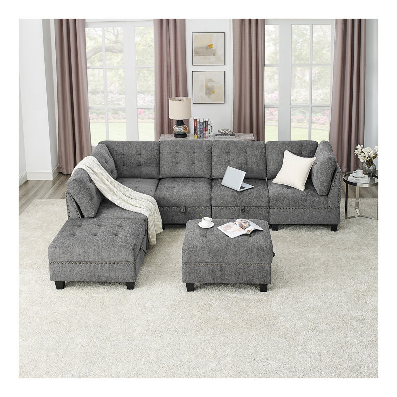 Canapé modulaire en forme de L, combinaison de bricolage, comprenant trois chaises simples, deux fauteuils d'angle et deux repose-pieds, chenille grise
