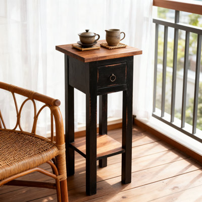 Solid Mahogany Side Table With Drawer, Farmhouse Chic Cottage End Table For Living Room, Bedroom, Or Entryway