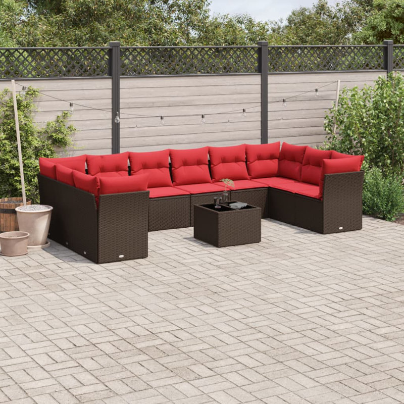Ensemble de canapé de patio 11 pièces avec coussins en rotin de polyester, Rouge, Brun