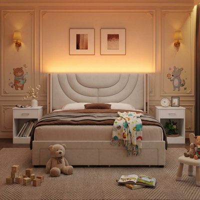3-Piece Bedroom Set, All-in-One Kids Bedroom Solution, Upholstered Bed with Ambient Light + 2 Nightstands, EXTRA Storage Drawer