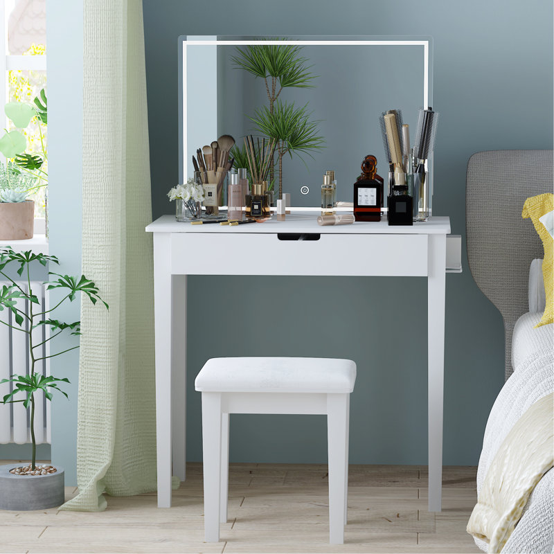 Bureau de meuble-lavabo pour chambre à coucher avec miroir, DEL à intensité variable et 1 tiroir de rangement pour cosmétiques, coiffeuse blanche avec finition: DEL, fonctionnelle