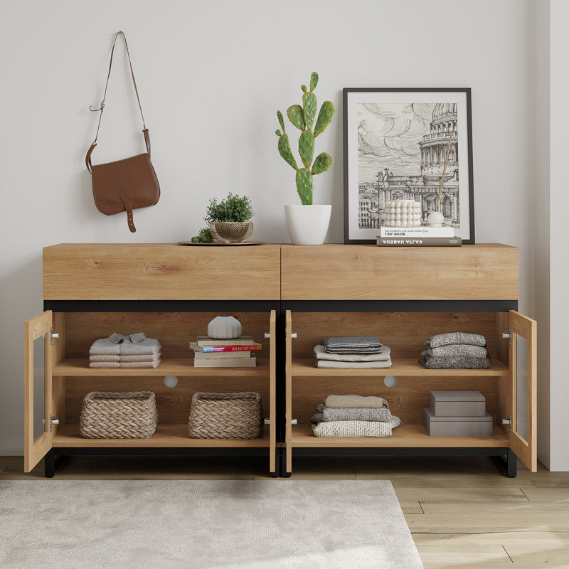 Armoire d'appoint moderne avec 4 portes en verre et tiroir, commode d'appoint multifonctionnelle avec grand rangement et tablette réglable