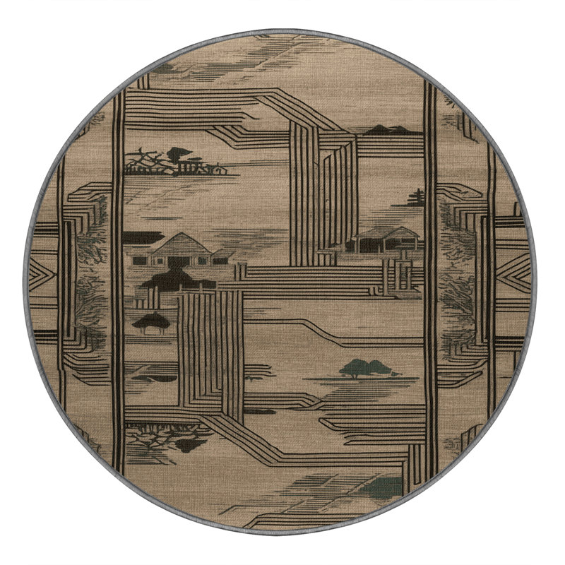 Tapis gris art déco lavable à la machine, Rond 3 pi