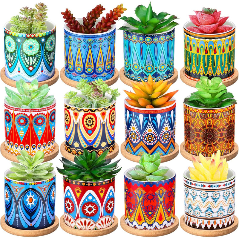 12 Pcs 3 Inch Mandala Ceramic Succulent Pots with Bamboo Trays