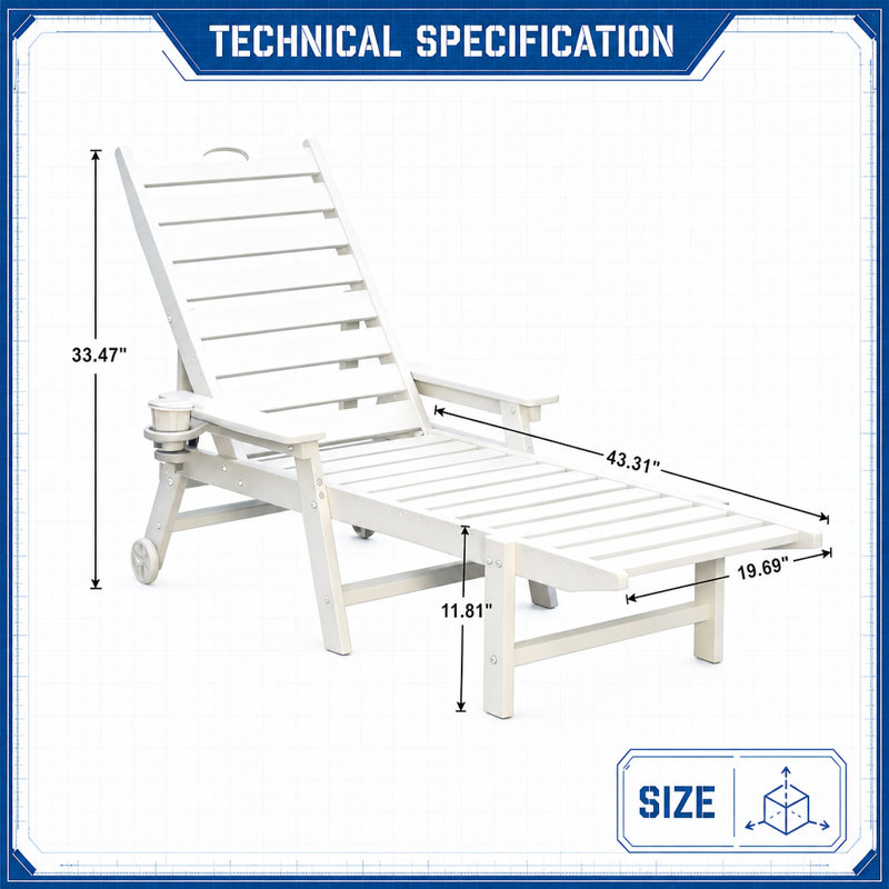Chaise longue d'extérieur robuste avec dossier réglable à 4 positions, chaise longue inclinable résistante aux intempéries avec porte-gobelet intégré et roulettes à mobilité douce