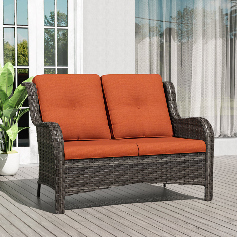 Anahit Outdoor Wicker Loveseat with Cushions, Orange