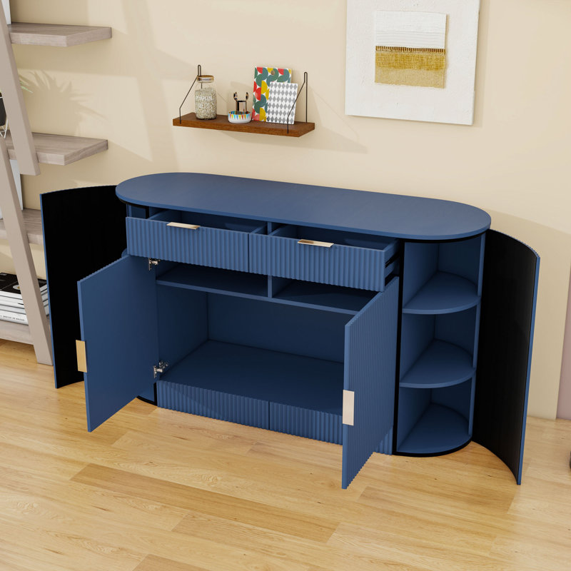 Modern Sideboard with 2 Drawers, Curved Doors, 3-Tier Shelves and Storage Cabinet, Navy Blue