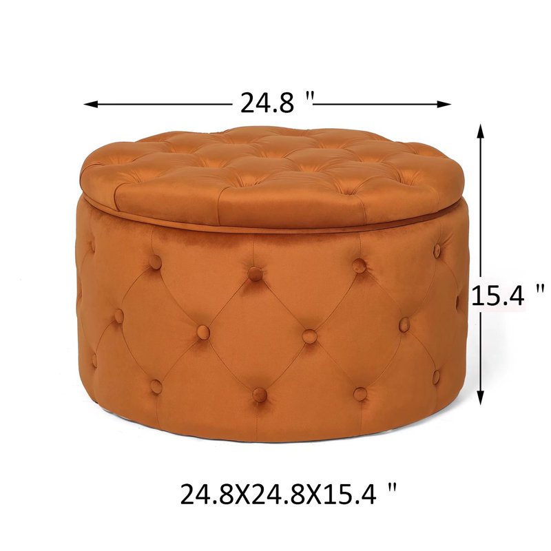 Orange Velvet Tufted Round Cocktail Ottoman with Storage