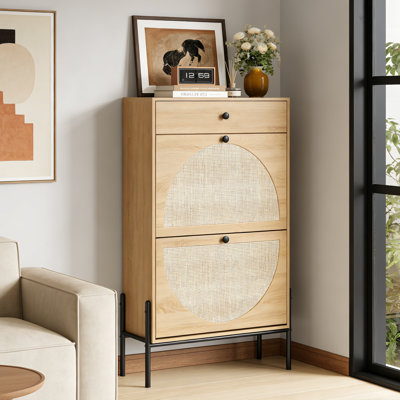 Armoire de rangement à chaussures en rotin avec 2 portes et tiroir pour l'organisation du vestibule