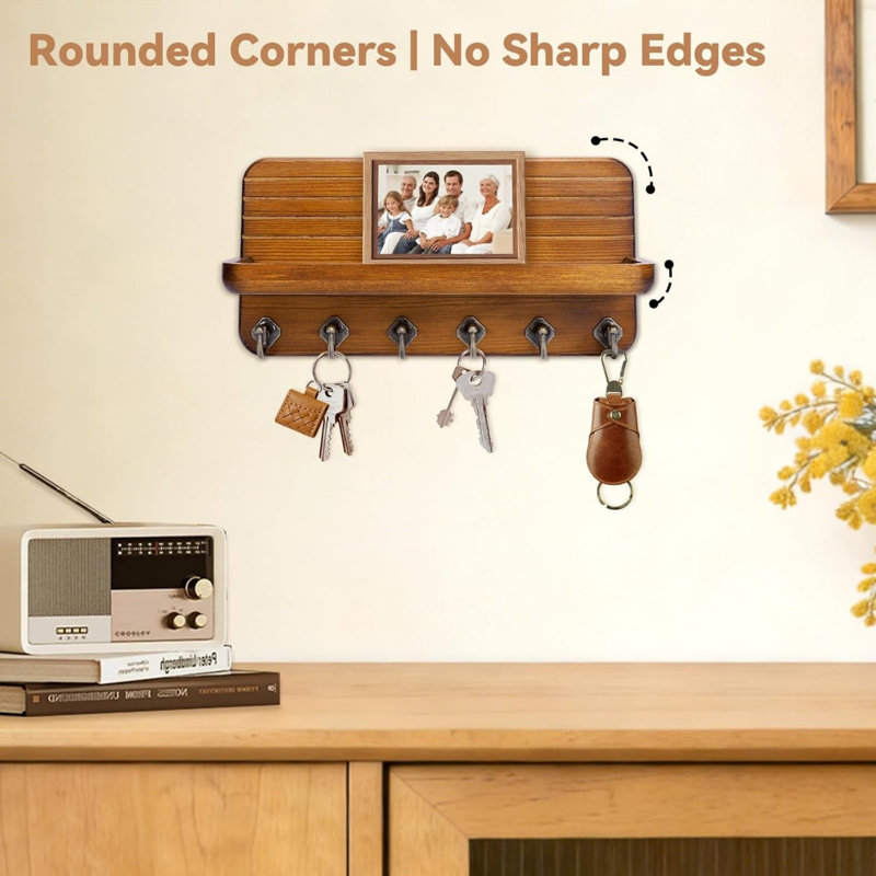 Wood Wall Organizer with Key Hooks, Yellow