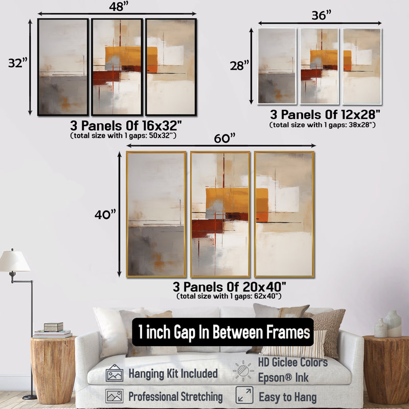 Ensemble de décorations murales décollées orange gris - Collages abstraits, H 40 po x l 60 po x P 1 po, Encadrement argenté
