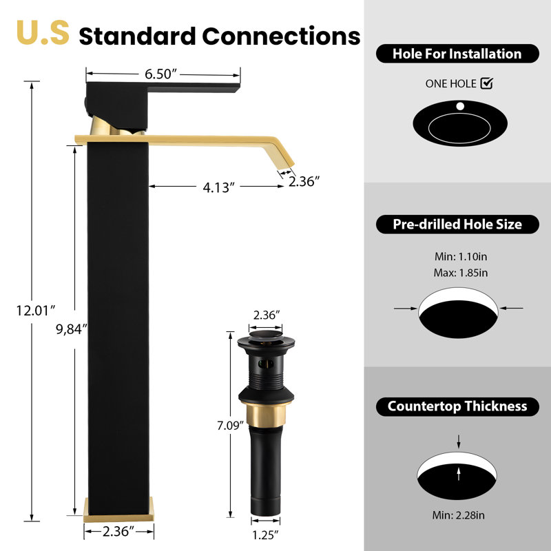 Vessel Sink Faucet Black and Gold, Single Hole Tall Bathroom Faucet, Modern SUS304 Stainless Made, Pop-up Drain & Supply Hose Included, Home Décor Improvement