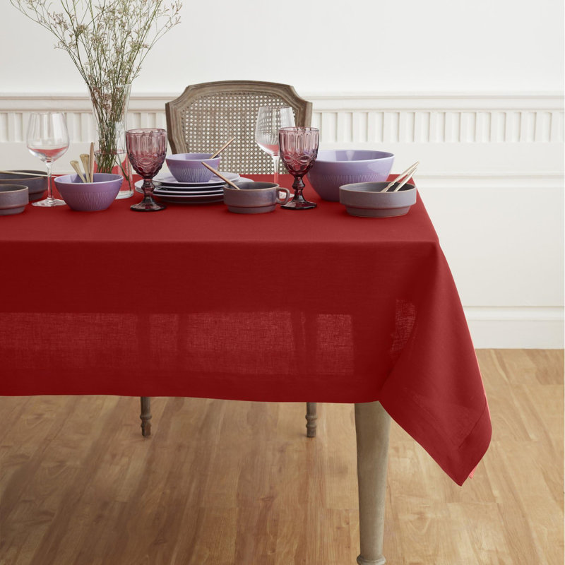 100% Pure Linen Tablecloth - Fete, Red, 156" L x 60" W