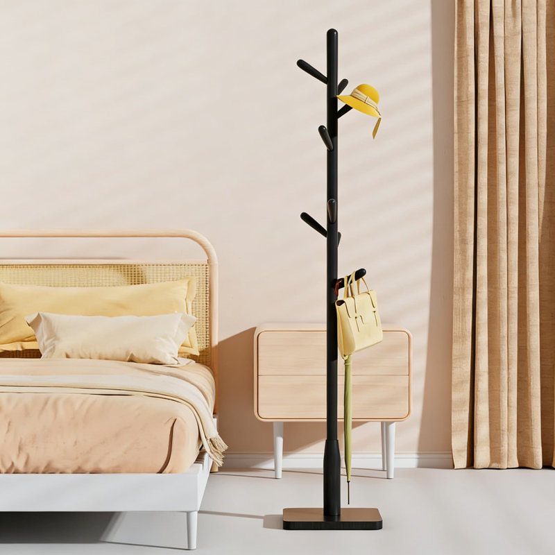 Solid Wood Coat Rack With 8 Hooks, Free Standing Coat Tree For Entryway And Hallway, Heavy Duty Rubberwood Construction With Adjustable Height And Spare Hooks