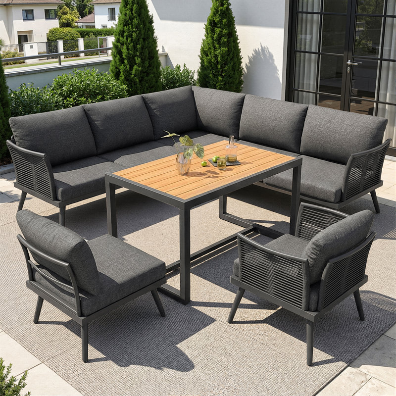 7-seater L-shaped Garden Sofa Set With Woven Armrests, Grey