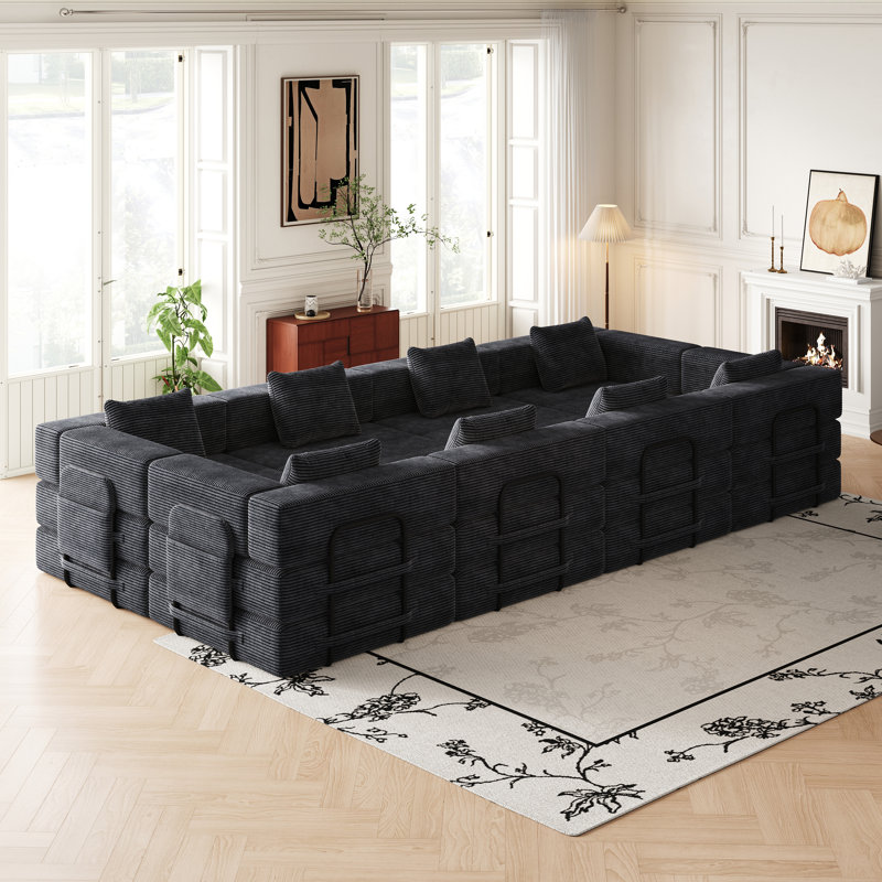 Canapé 8 places, canapé rembourré avec poches de rangement latérales et coussins pour le salon, Noir