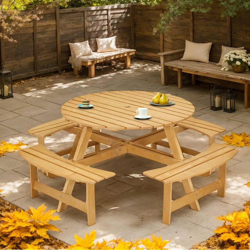 8 Person Wood Picnic Table, Outdoor Round Picnic Table with 4 Built-in Benches, Umbrella Hole, Outside Table and Bench Set for Patio, Backyard, 500lbs Capacity Per Bench