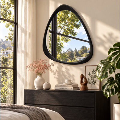 Asymmetrical Irregular Wall Mirror with Solid Wood Frame, Organic Decorative Accent Mirror
