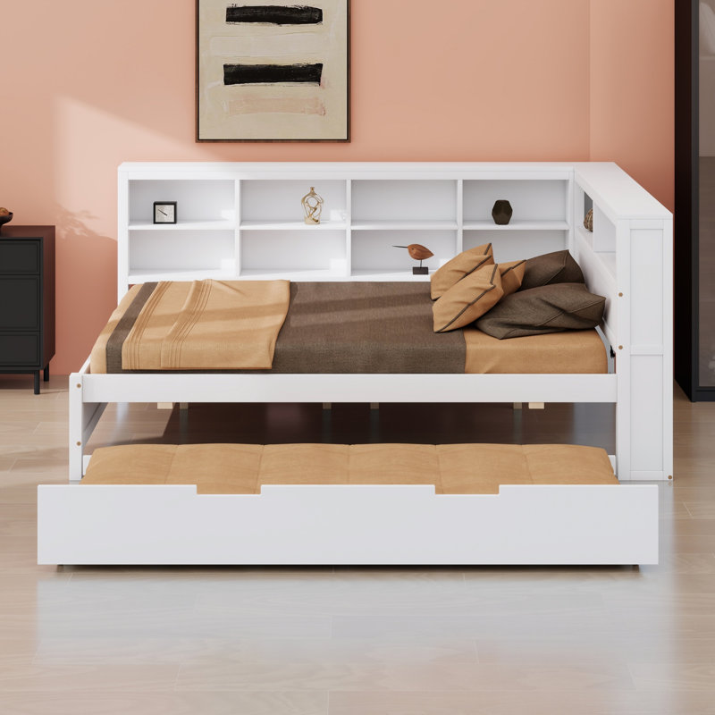 Daybed Including Trundle, Storage Shelf and USB Ports, Multi-Functional Design for Apartments, White