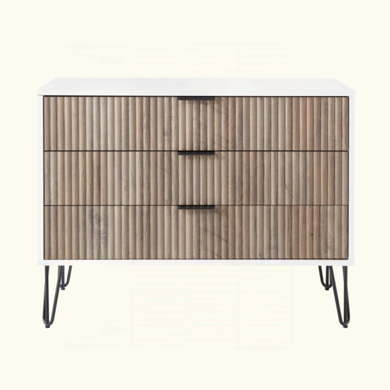 Dumbo 35" Modern Fluted Standard Dresser with 3 Drawers in Rustic Gray and White, White/Gray