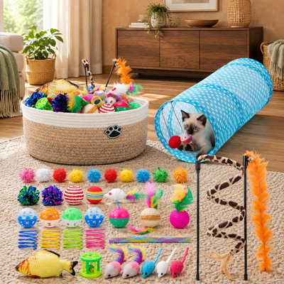 Répertorié (0,28 $ / compte), l'assortiment de 38 pièces de cadeaux arrive avec un panier de rangement et fournit aux chats d'intérieur un tunnel à 2 voies, des boules de clochette, du printemps, un teaser de plumes, une boule de sisal et du poisson simulé.