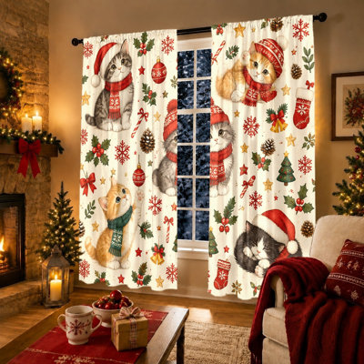 2Pcs Cute Cats Christmas Pattern Curtains Light Filtering Rod Pocket Window Drapes for Living Room Bedroom Kitchen Holiday Decor