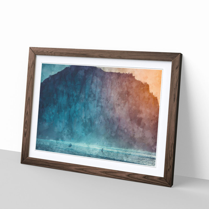 Surfing by Morro Rock - Picture Frame Painting Print, 24cm H x 33cm W x 2cm D, Walnut Framed