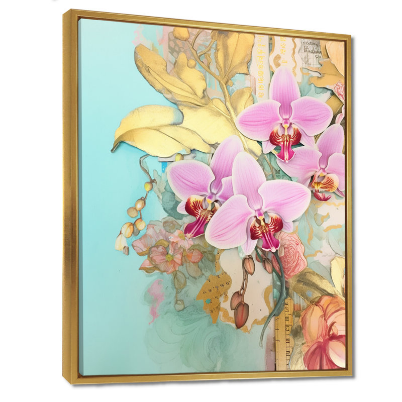Orchidées roses, délicatesse dorée, bleu rétro - orchidée murale, salon, H 40 po x l 30 po, Cadre flottant doré, bois massif