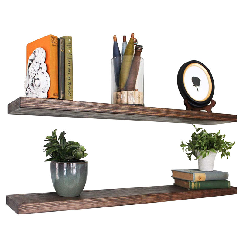 2 Piece Solid Wood Floating Shelf, Dark Gray
