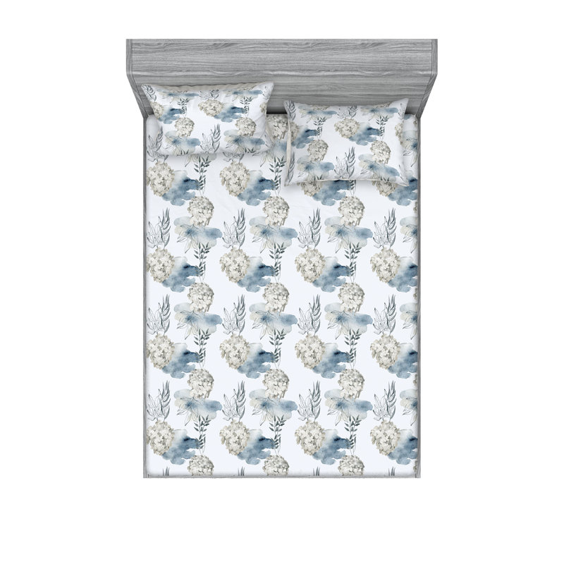 Ambesonne Fitted Sheet & Shams, King Sheet Set with 2 Pillowcases, Slate Blue/Eggshell Flower