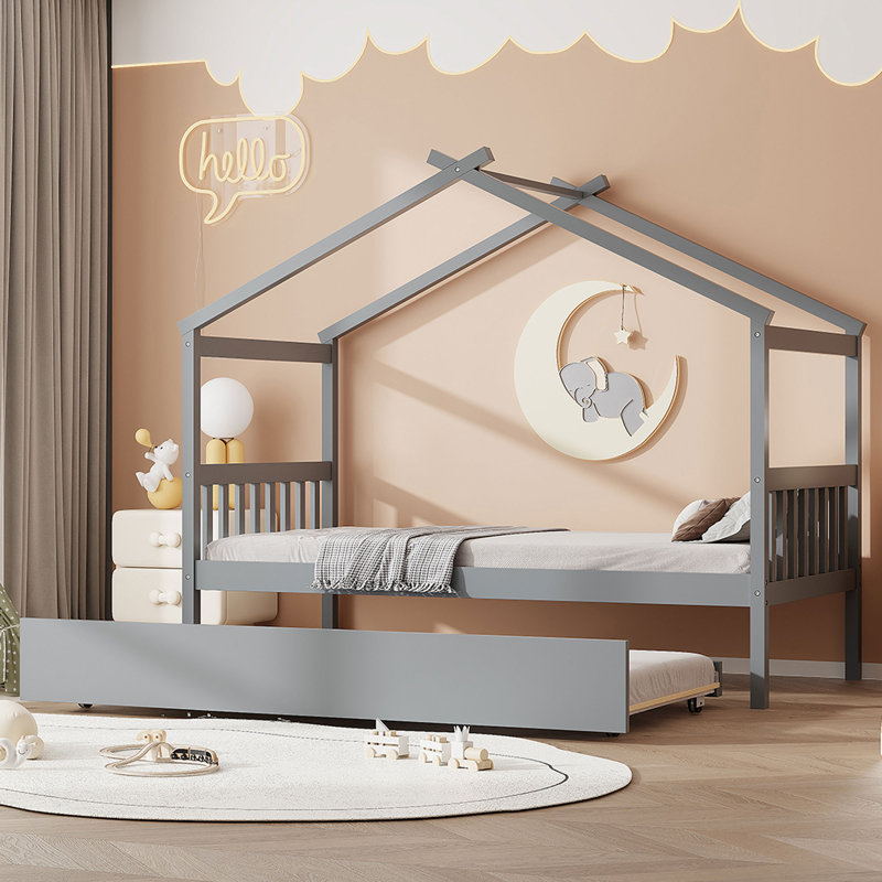 Twin Size Wooden House Bed With Twin Size Trundle, Gray, Twin, Gray